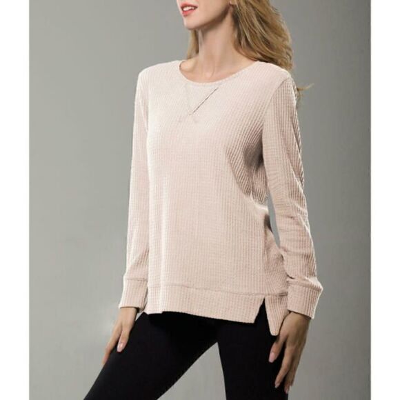 Green Tea Light Blush Pink Waffle Knit Thermal Long Sleeve Sweater Medium - Picture 1 of 11